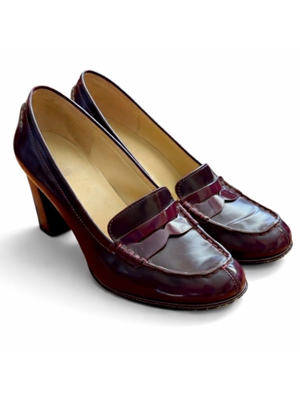 Michael Kors Burgundy Leather Heeled Loafers Block Heel Penny Loafer Pumps 7.5